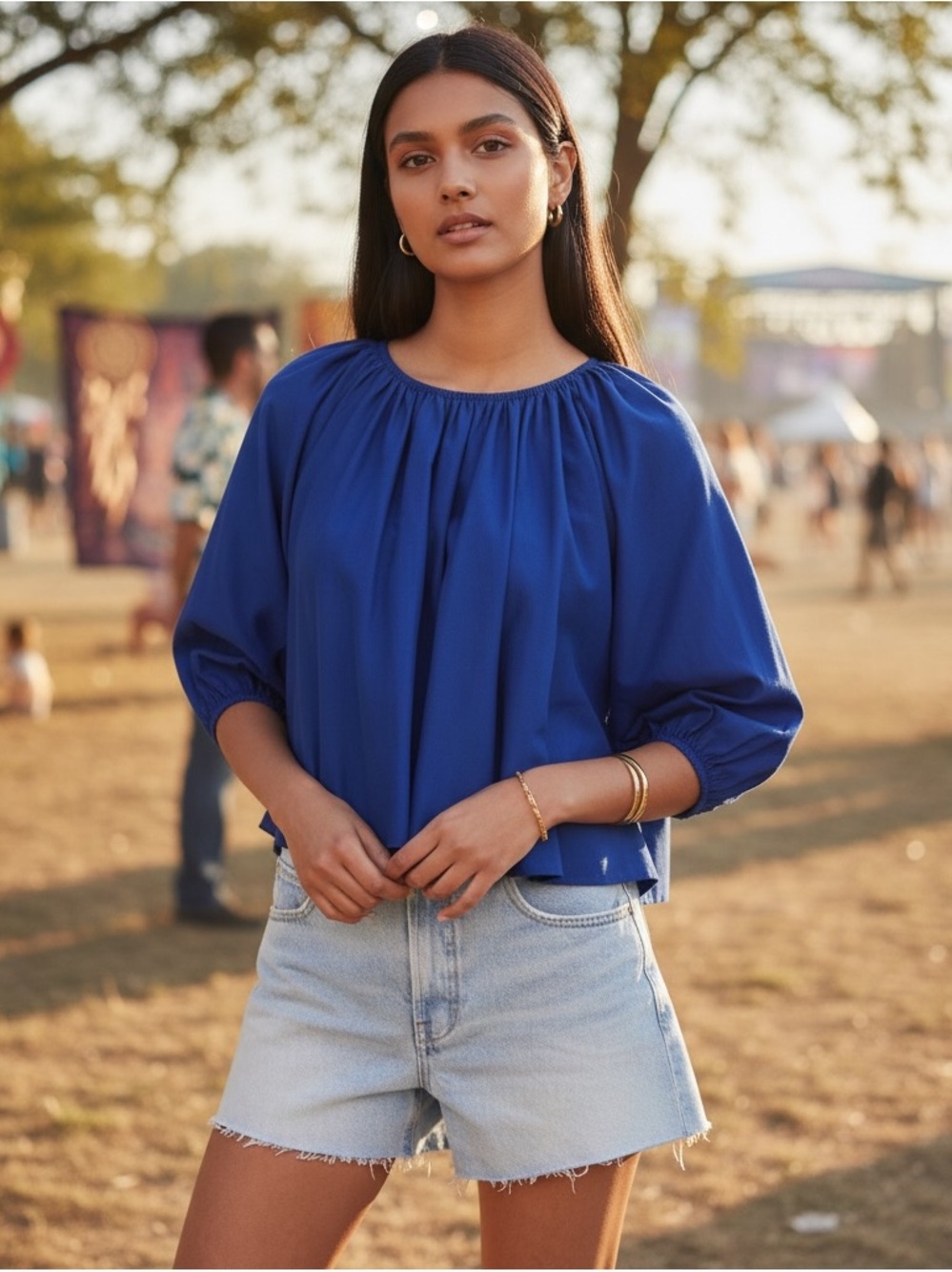 NWT Madewell Shirred Puff-Sleeve Top in Cotton-Silk Voile in Bright Sapphire